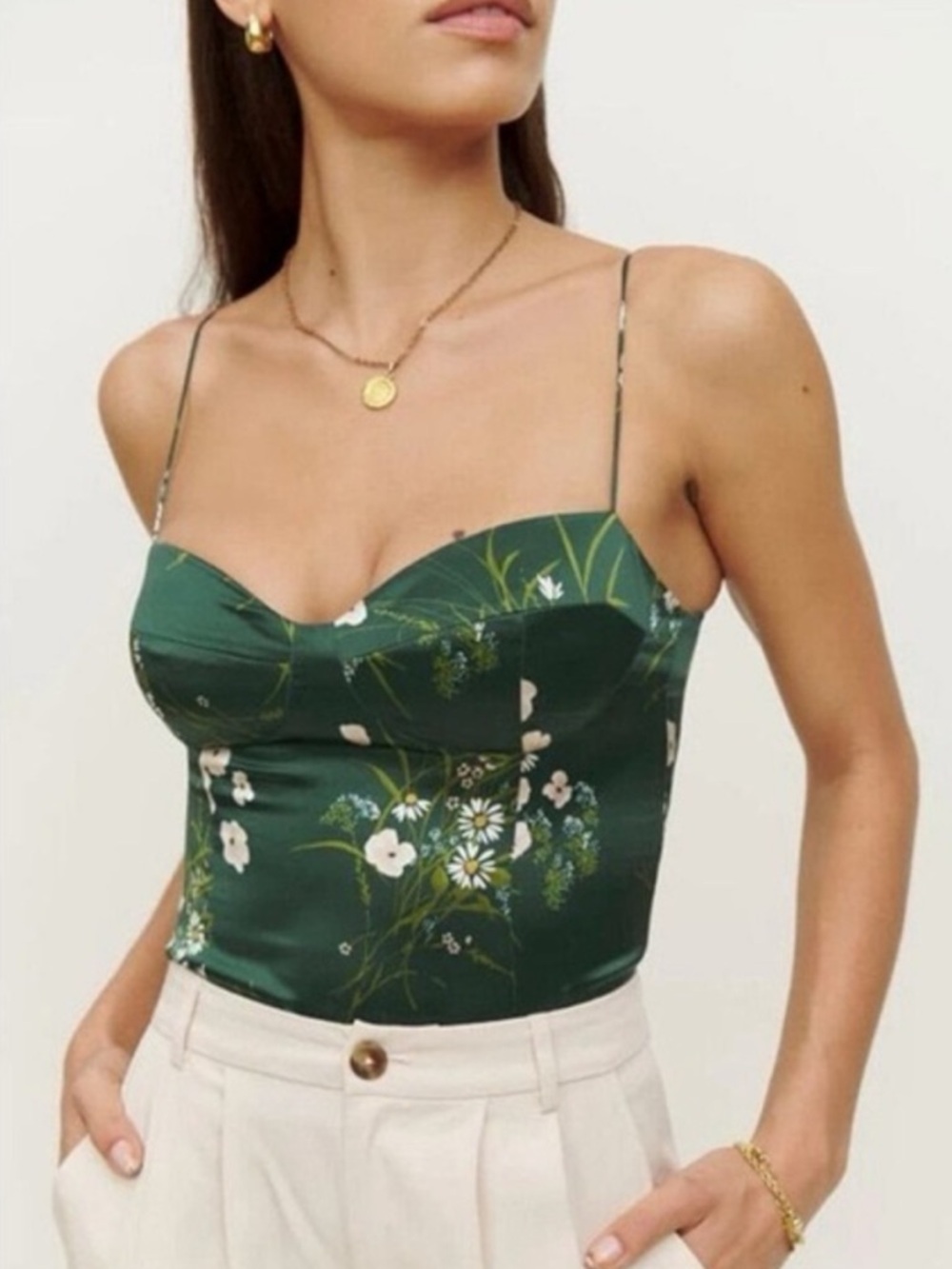 NEVER WORN Reformation Green Floral Silk Bustier Top